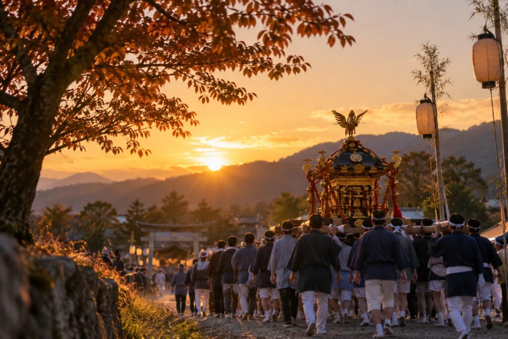 秋祭りで神輿を担ぐ人々(イメージ)