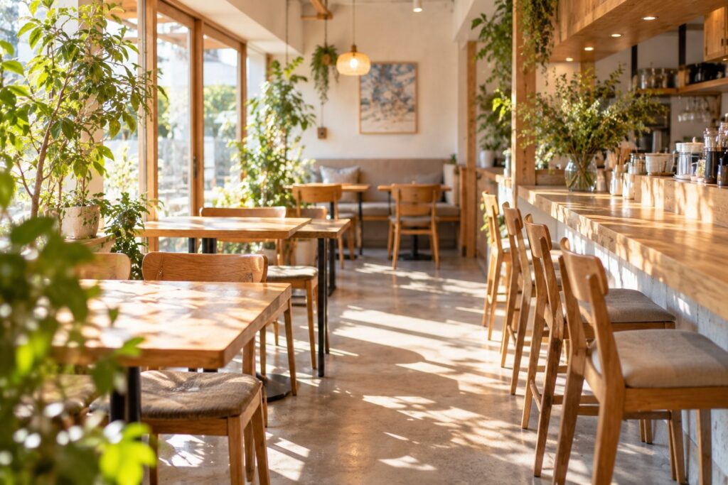 昼の自然光が入る、木のテーブル席とカウンターのある明るい飲食店の店内(イメージ)