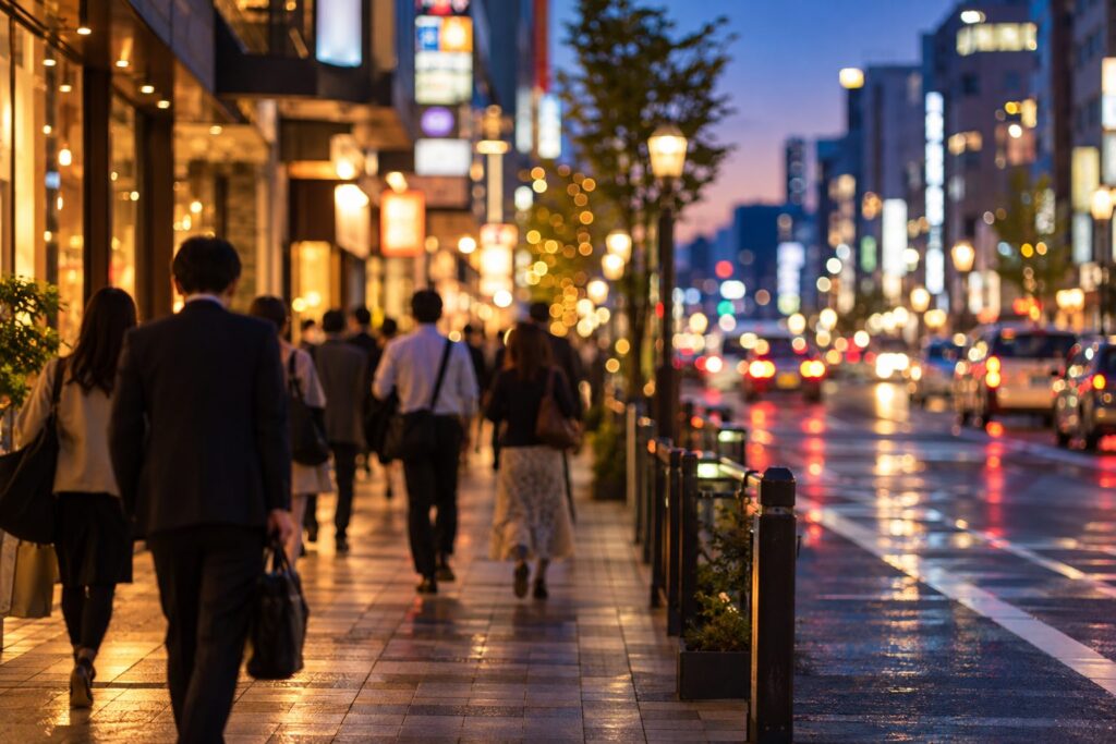 夕暮れの繁華街の歩道を仕事帰りの人が行き交う様子(イメージ)