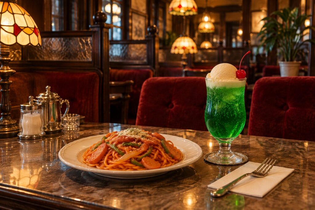昭和の喫茶店のクリームソーダとナポリタン(イメージ)
